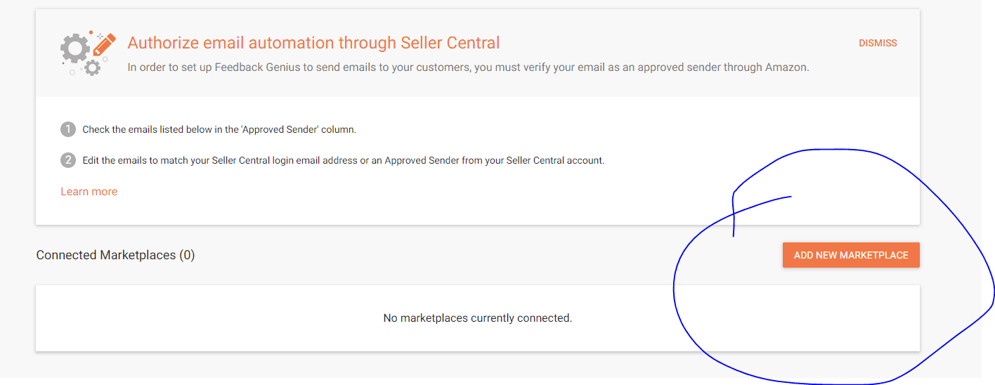 amazon api authorization for feedback genius. click on add new marketplace.