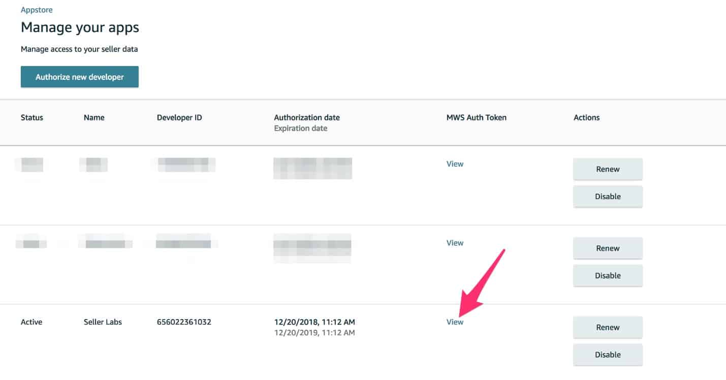 amazon seller central manage your apps page. view your developers or authorize a new developer from this page.