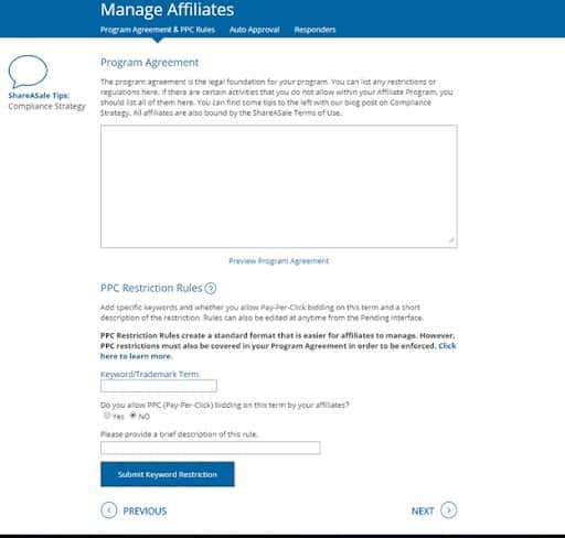 share a sale program agreement and PPC restriction rules for merchants. required during sign up. 