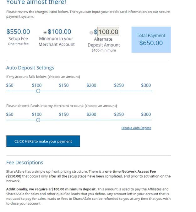 share a sale merchant account setup. fee depost. 550 setup fee plus minimum 100 dollar deposit. 