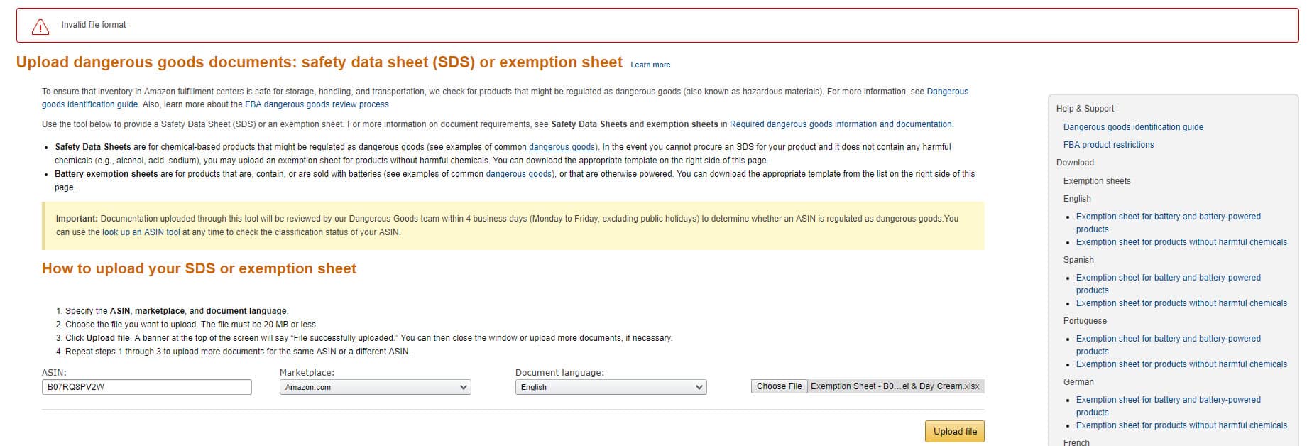 exemption sheet invalid file format amazon seller central hazmat dangerous goods upload error