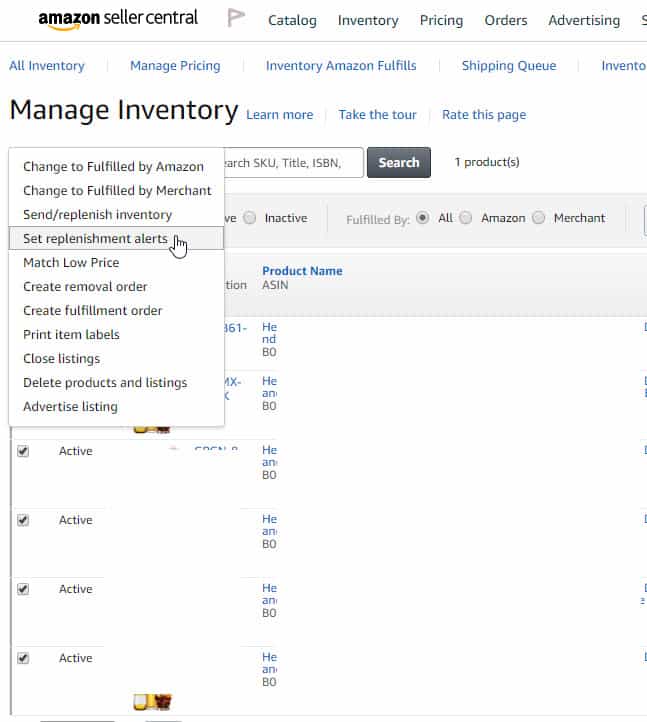 A screenshot of the Amazon Seller Central inventory page showcasing marketing management.