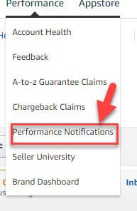 A screenshot of the performance notifications page in WordPress, showcasing effective account management for a marketplace like Amazon.