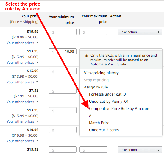 An Amazon seller central management screen displaying the price of a product.