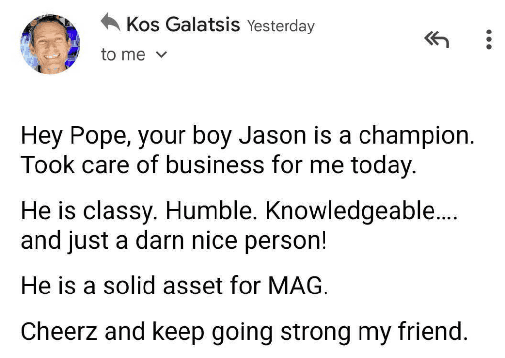 A text message that says hey pope boy jason is a champion.