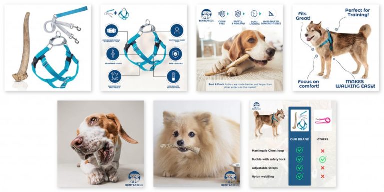 A marketplace on Amazon showcasing a variety of dog harnesses.