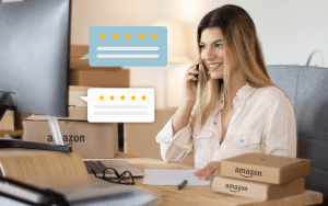 A woman who specializes in account management for the marketplace is speaking on the phone, seated at a desk surrounded by boxes.