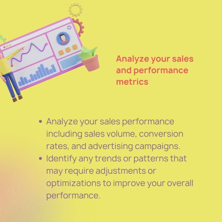 A person pointing at a graph on a yellow background, representing marketplace account management on Amazon.