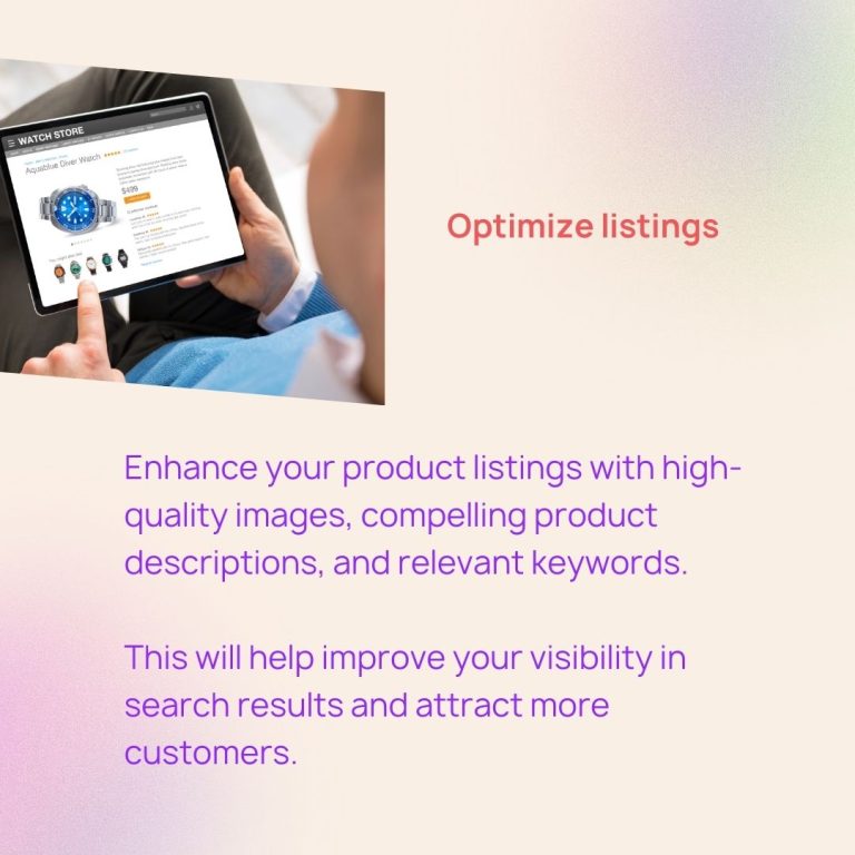 A man is using a tablet with the text optimize listings enhance your product listings with high images and compelling keywords for my amazon guy account management.