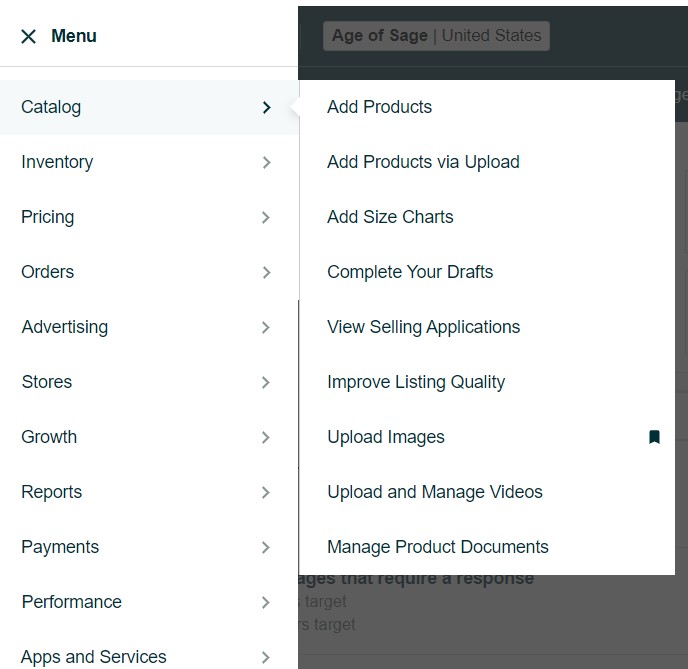 Seller Central Amazon Catalog Menu