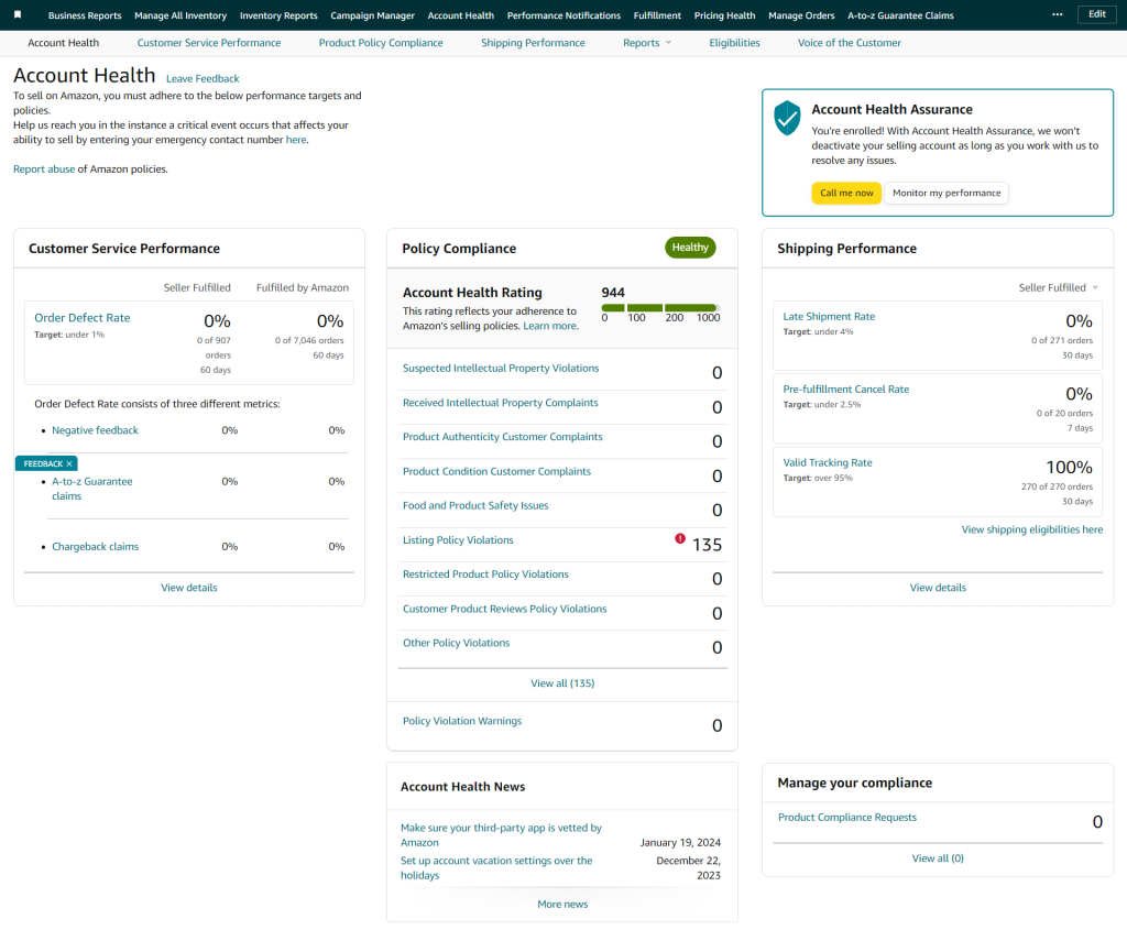 SellerCentral Account Health Manage Your Compliance