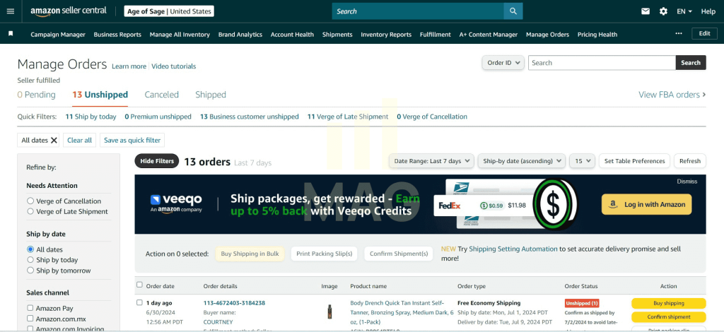 Amazon Seller Central Manage Orders 1